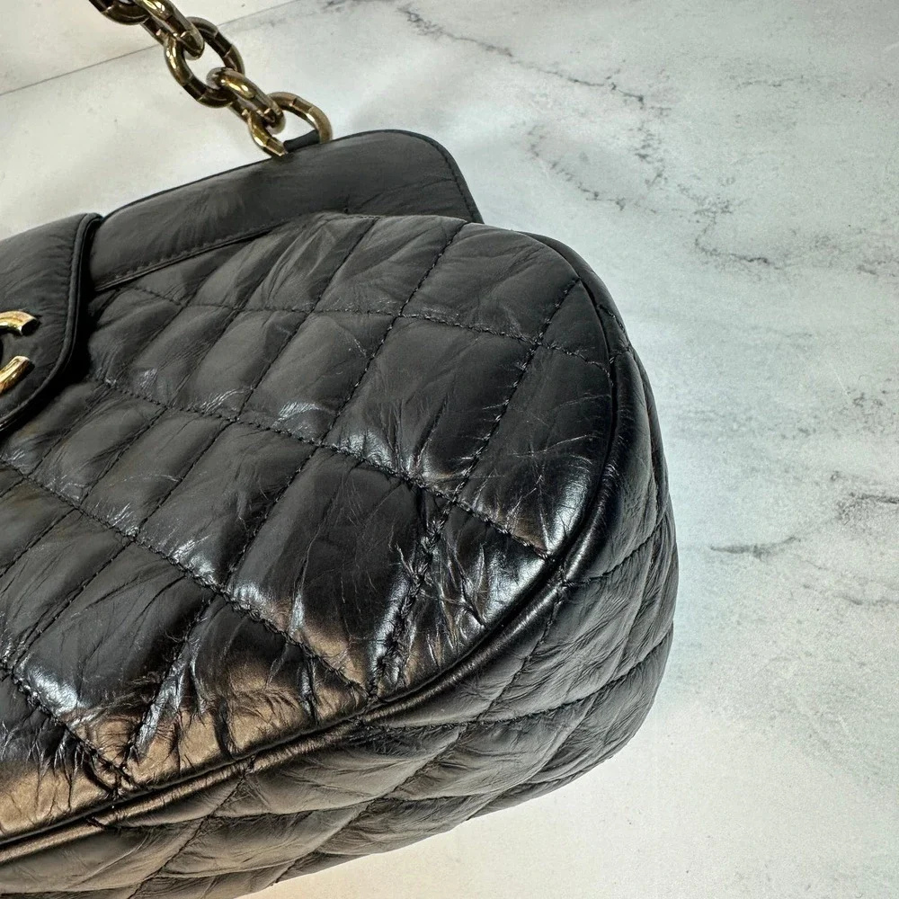 Chanel Frame Shoulder Bag CC Distressed Quilted Leather Black/Gold Thick Chain